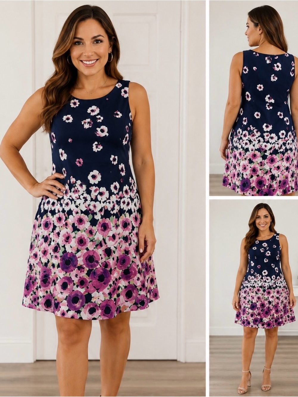 Women's Adrianna Papell Garden Party Navy Pink Floral Print Dress  Size 6 NWOT